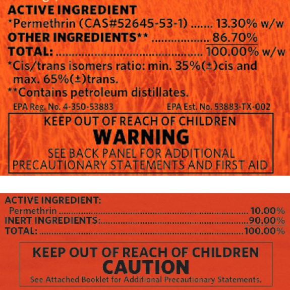 Picture of permethrin labels showing which contains petroleum distillates